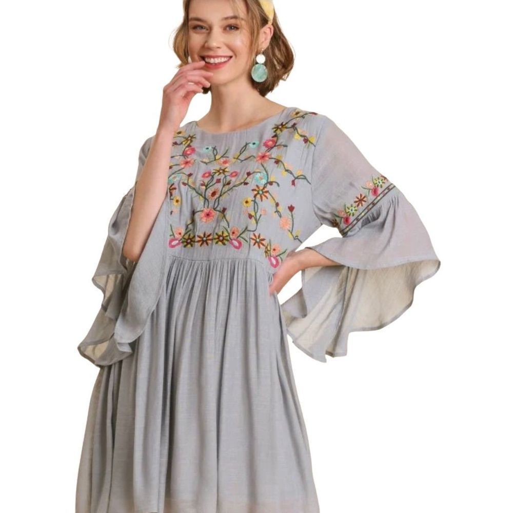 Umgee Flowy Bell Sleeve Embroidered Floral Boho Dress